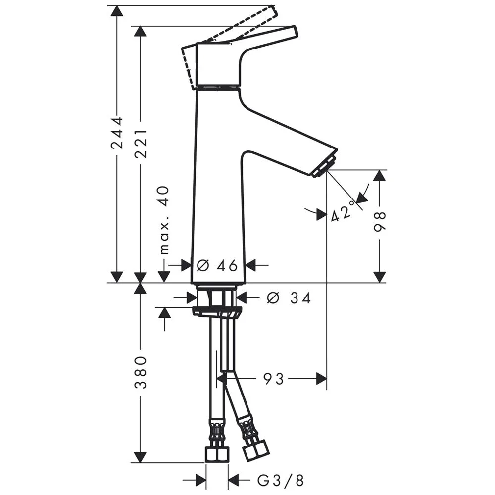 Rysunek techniczny baterii umywalkowej z wymiarami, hansgrohe