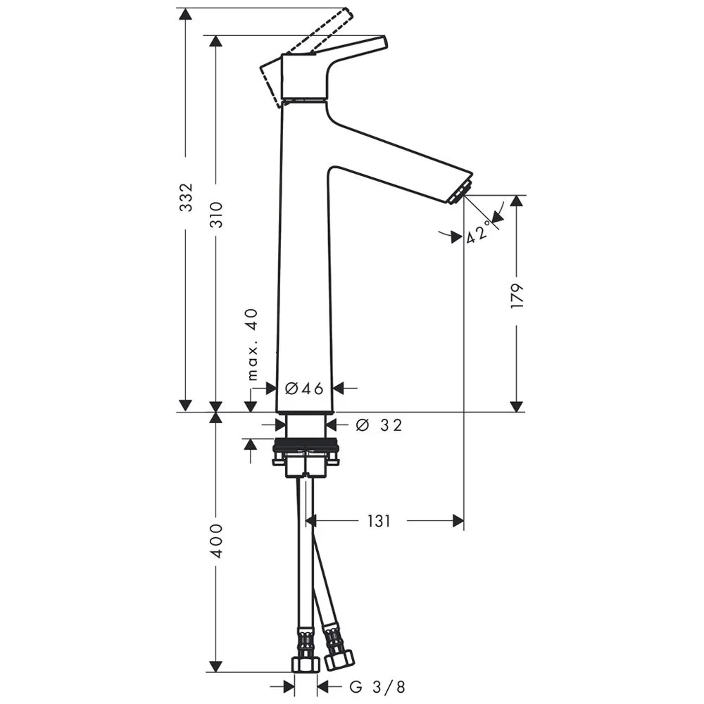 Rysunek techniczny baterii umywalkowej z wymiarami, hansgrohe
