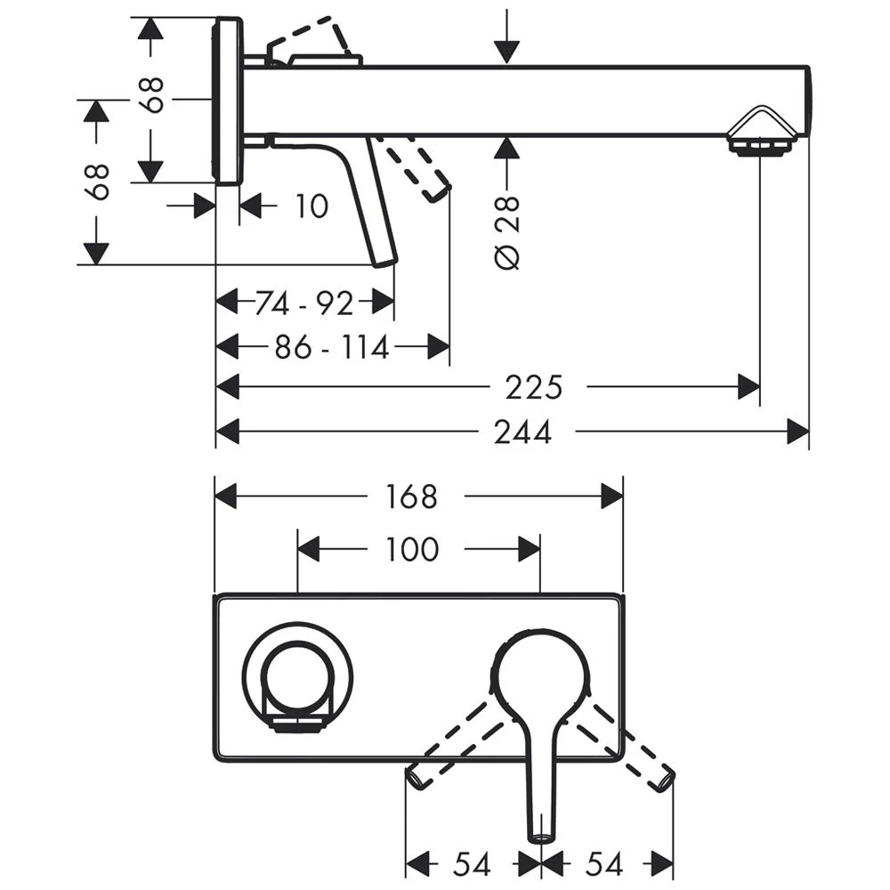 Rysunek techniczny baterii umywalkowej z wymiarami, hansgrohe