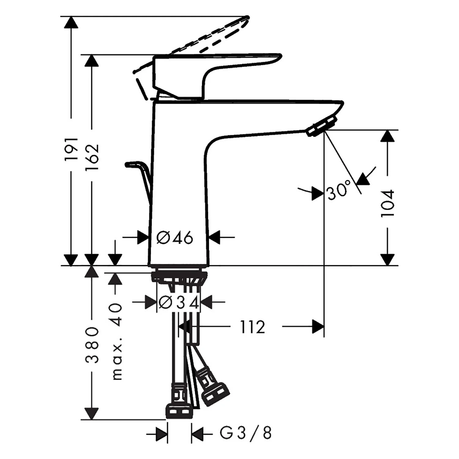 Rysunek techniczny mieszacza umywalkowego z wymiarami, hansgrohe