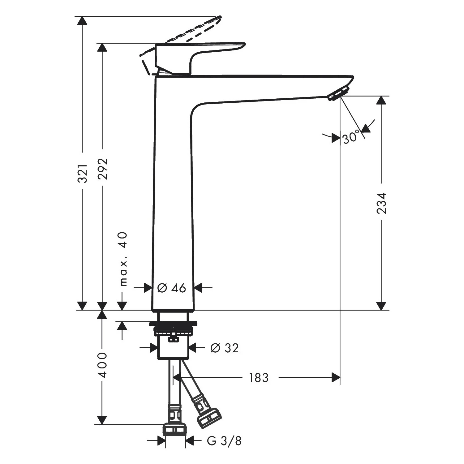 Rysunek techniczny baterii umywalkowej z wymiarami, hansgrohe