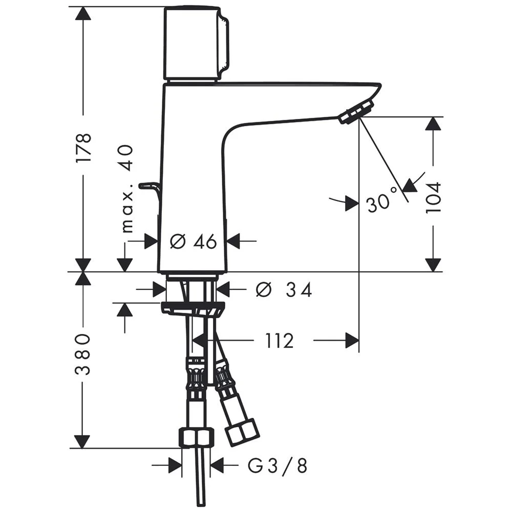 Rysunek techniczny baterii umywalkowej z wymiarami, hansgrohe