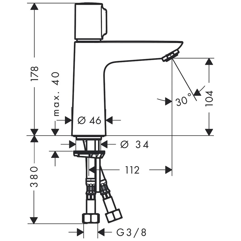 Rysunek techniczny baterii umywalkowej z wymiarami, hansgrohe