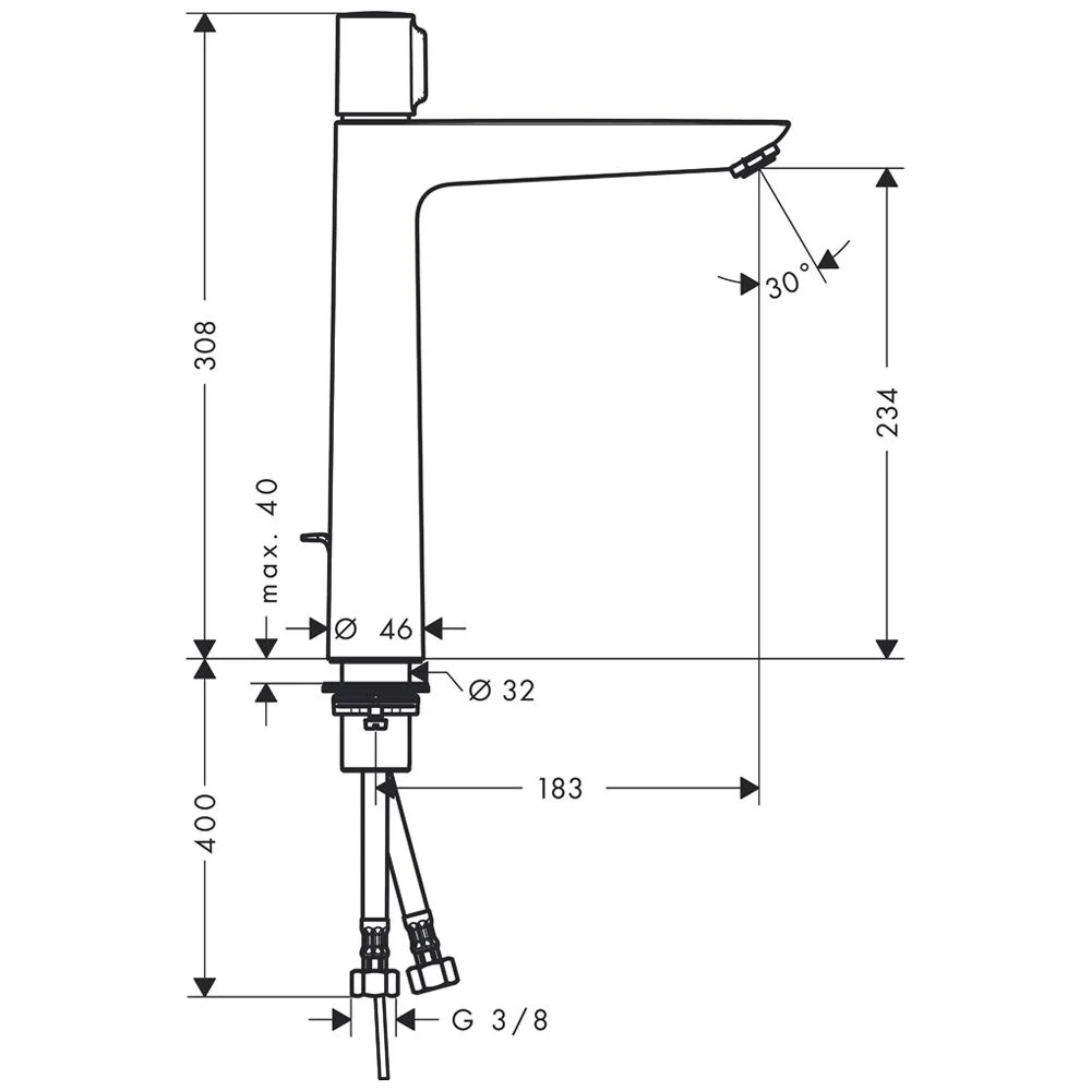 Rysunek techniczny baterii umywalkowej z wymiarami, hansgrohe