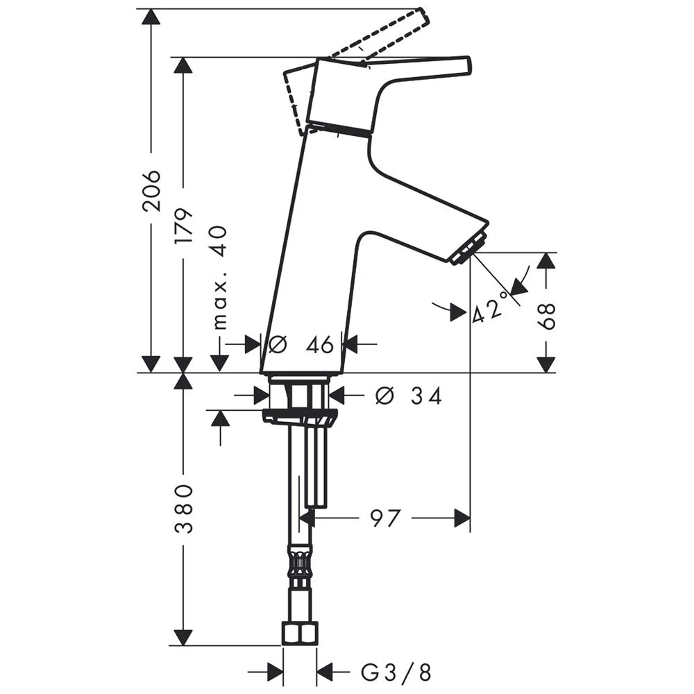 Rysunek techniczny zaworu stojącego z wymiarami, hansgrohe