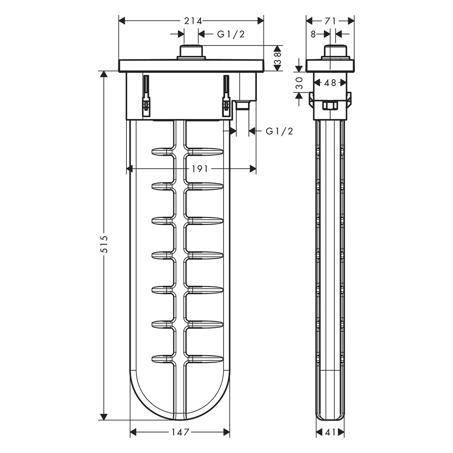 Rysunek techniczny prostokątnego syfonu, hansgrohe