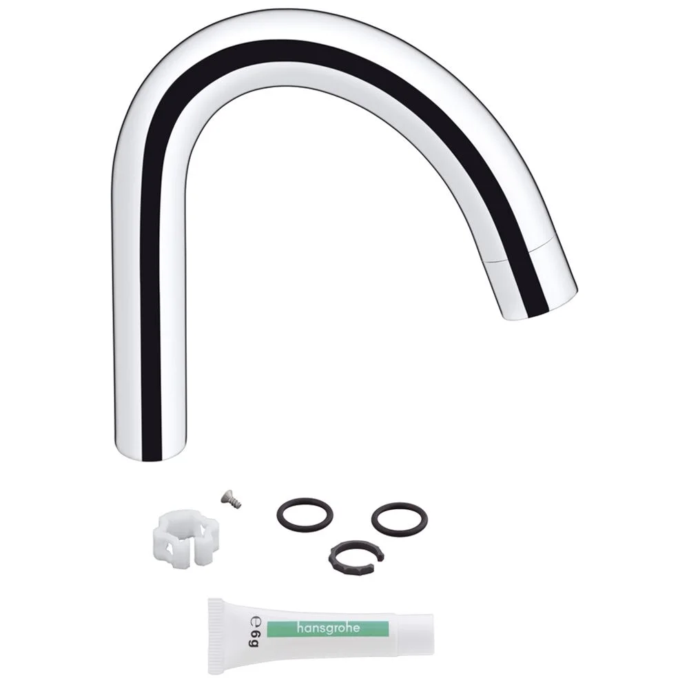 Chromowany wylewka z akcesoriami widok z przodu, hansgrohe
