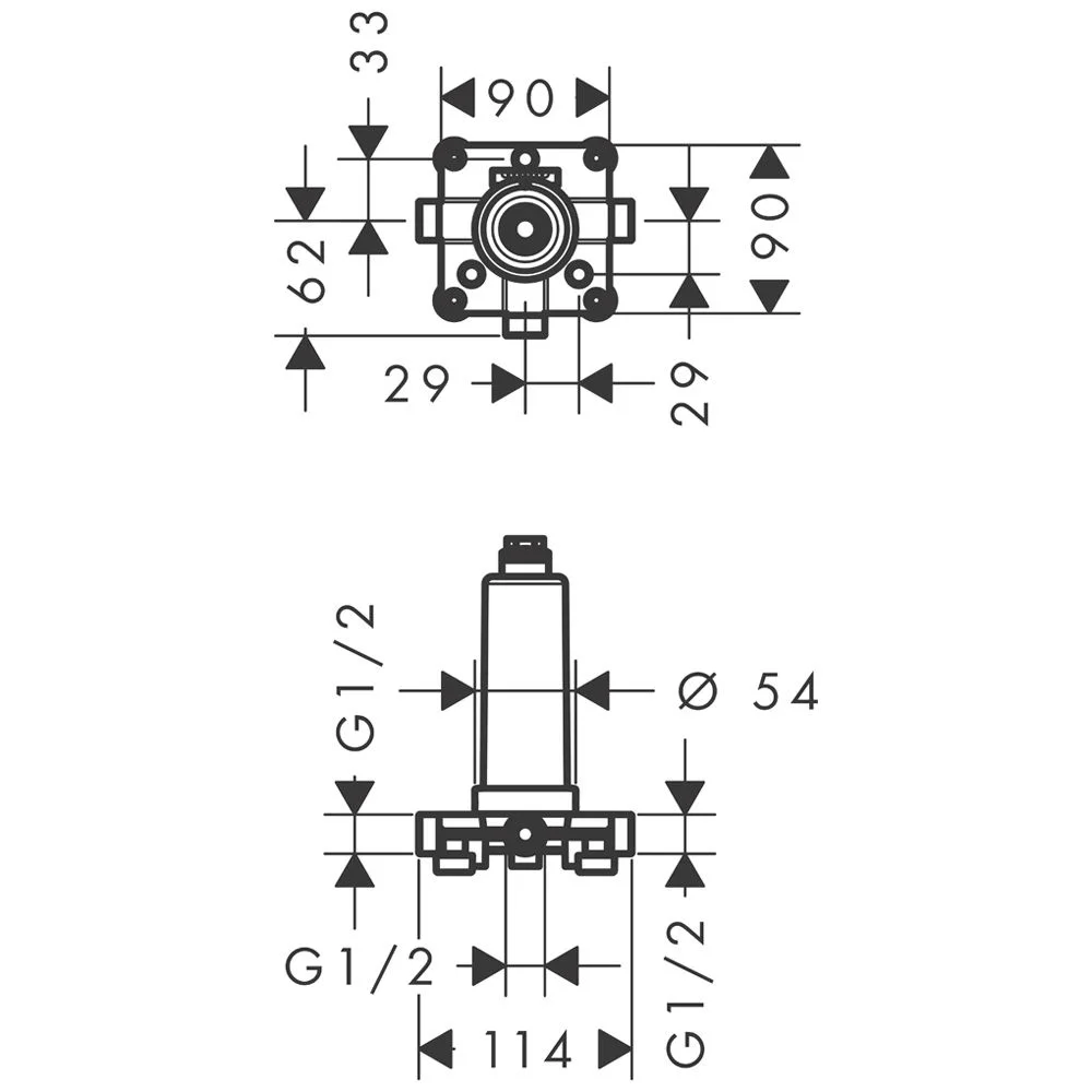 Rysunek techniczny korpusu bazowego z wymiarami, hansgrohe