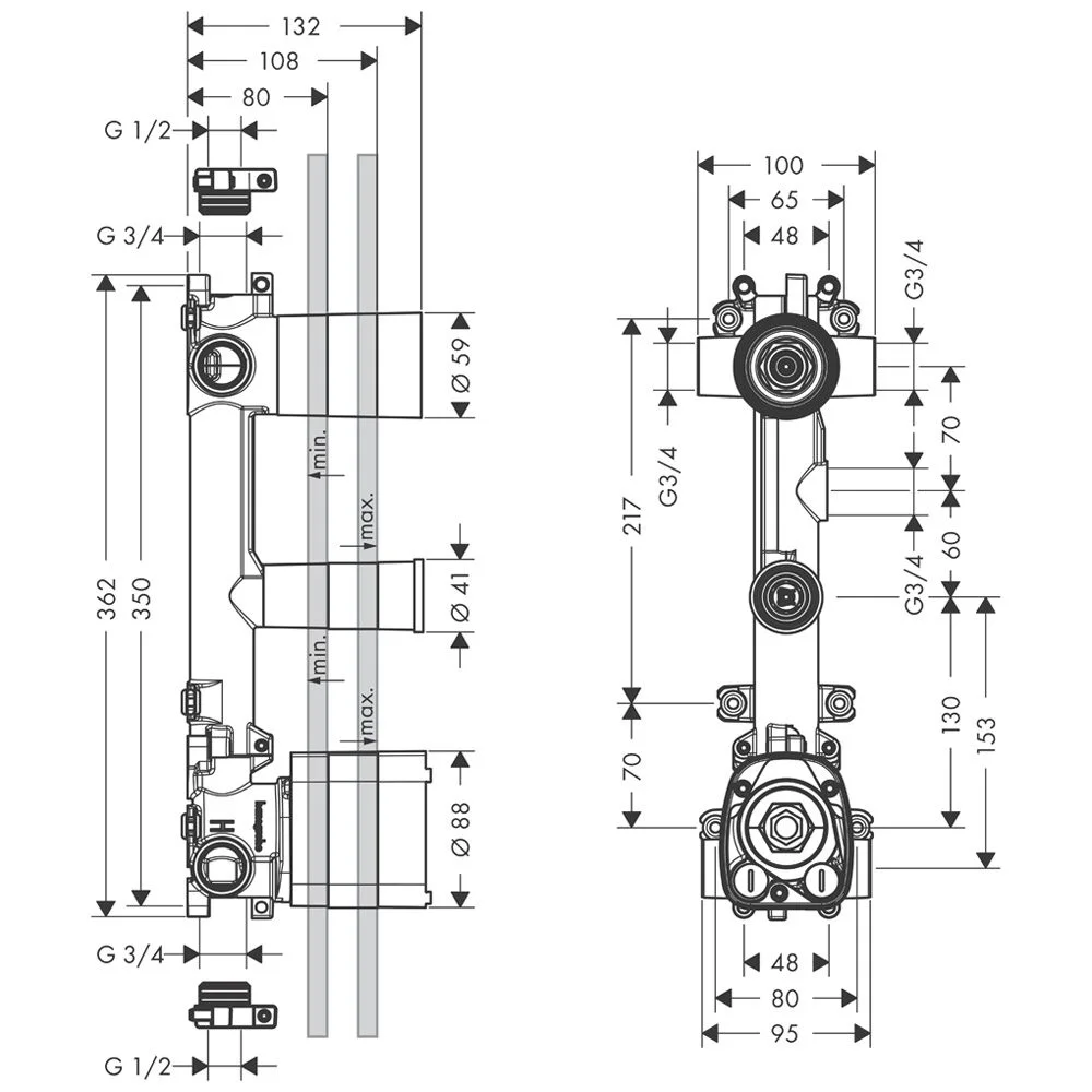 hansgrohe Grundkörper für Thermostatmodul UP für 2 Verbraucher Bild 2