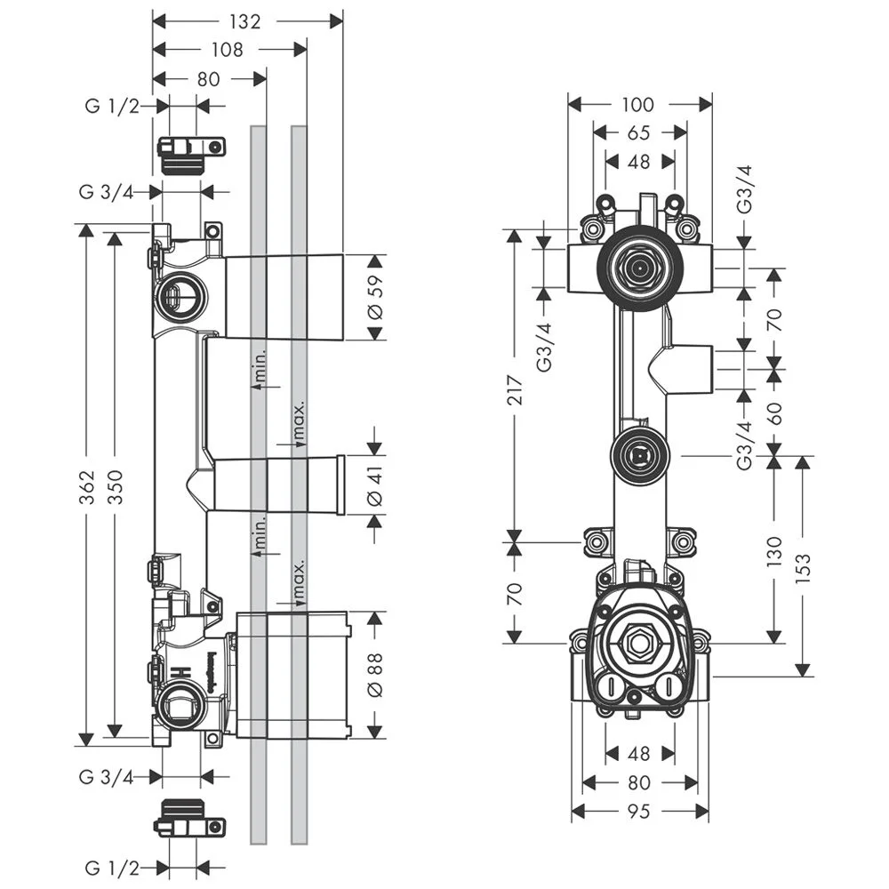 Rysunek techniczny modułu termostatu z wymiarami, hansgrohe