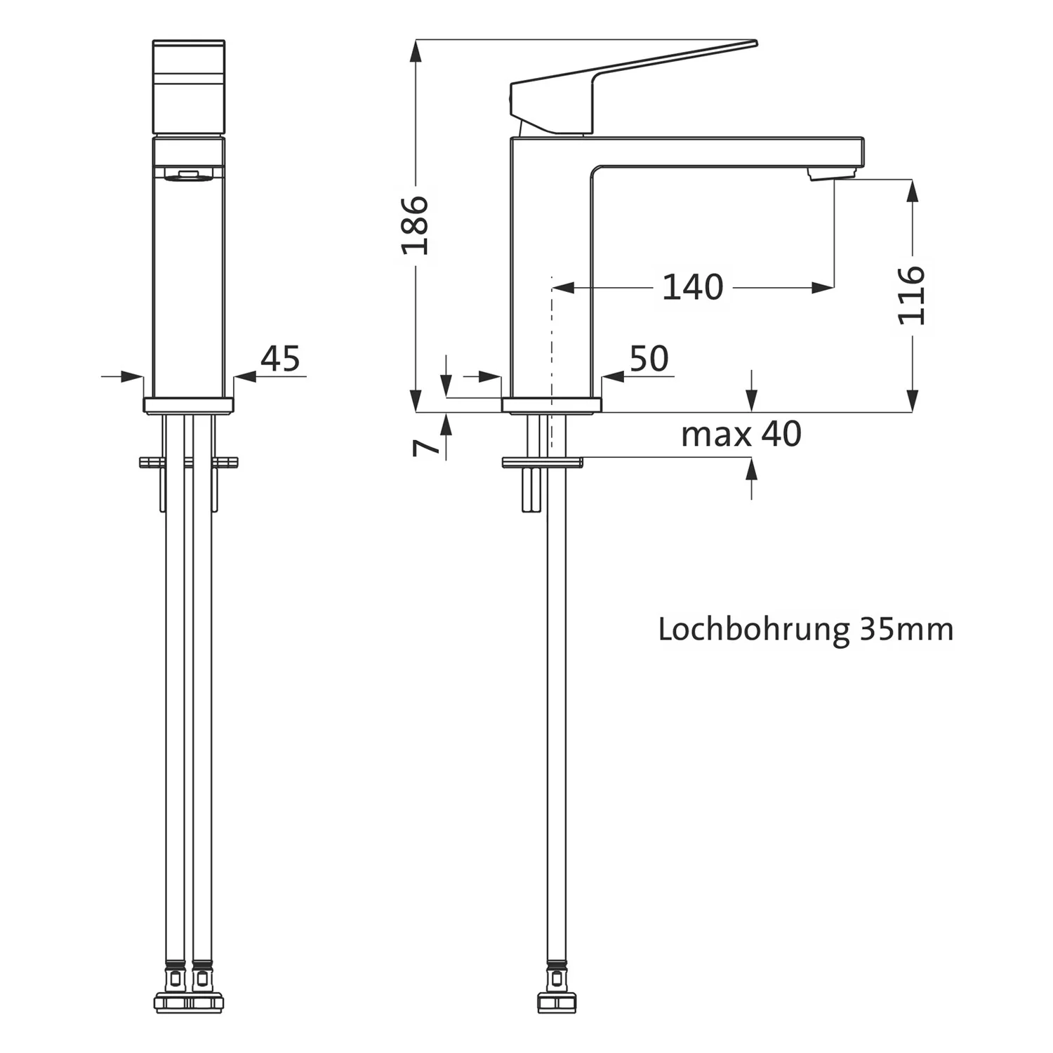 Rysunek techniczny baterii jednouchwytowej z wymiarami, Herzbach