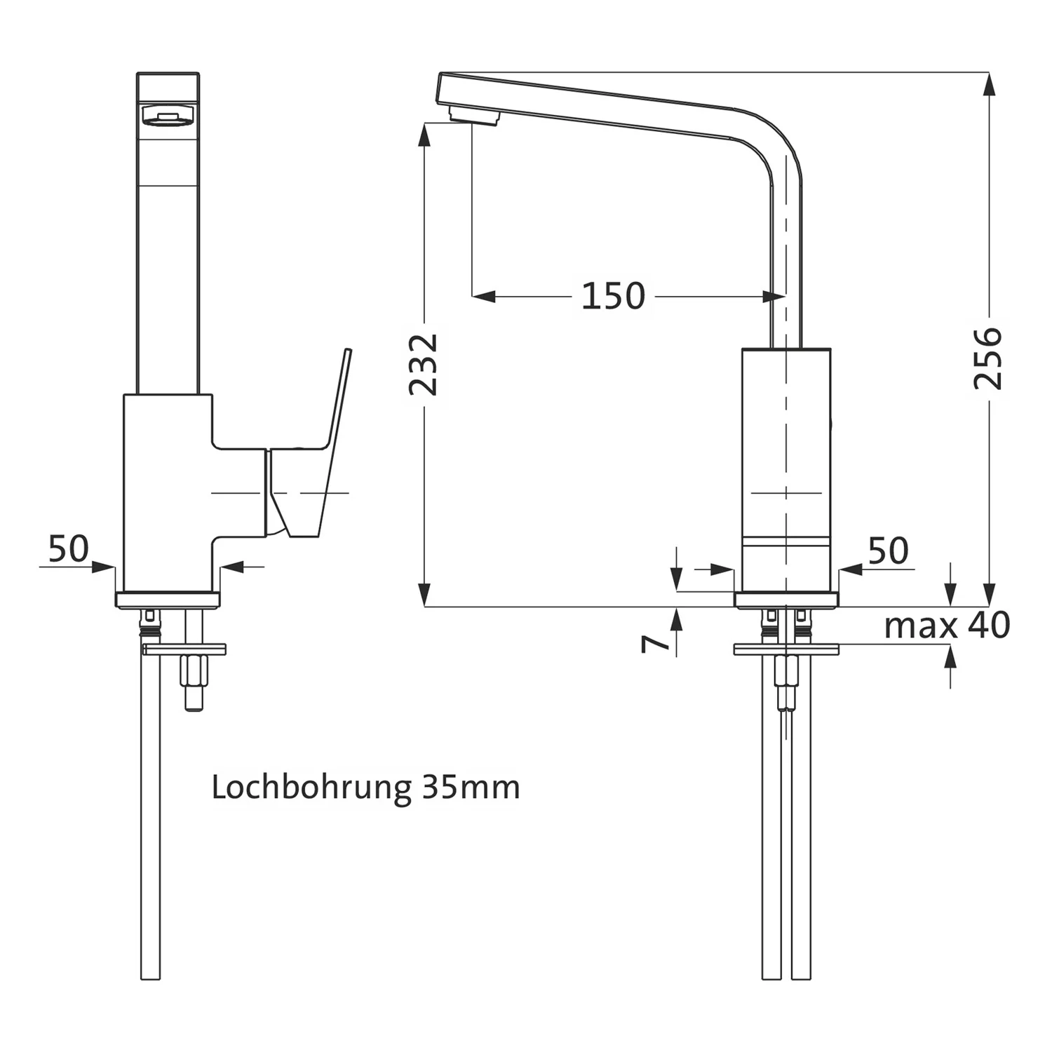 Rysunek techniczny baterii jednouchwytowej z wymiarami, Herzbach