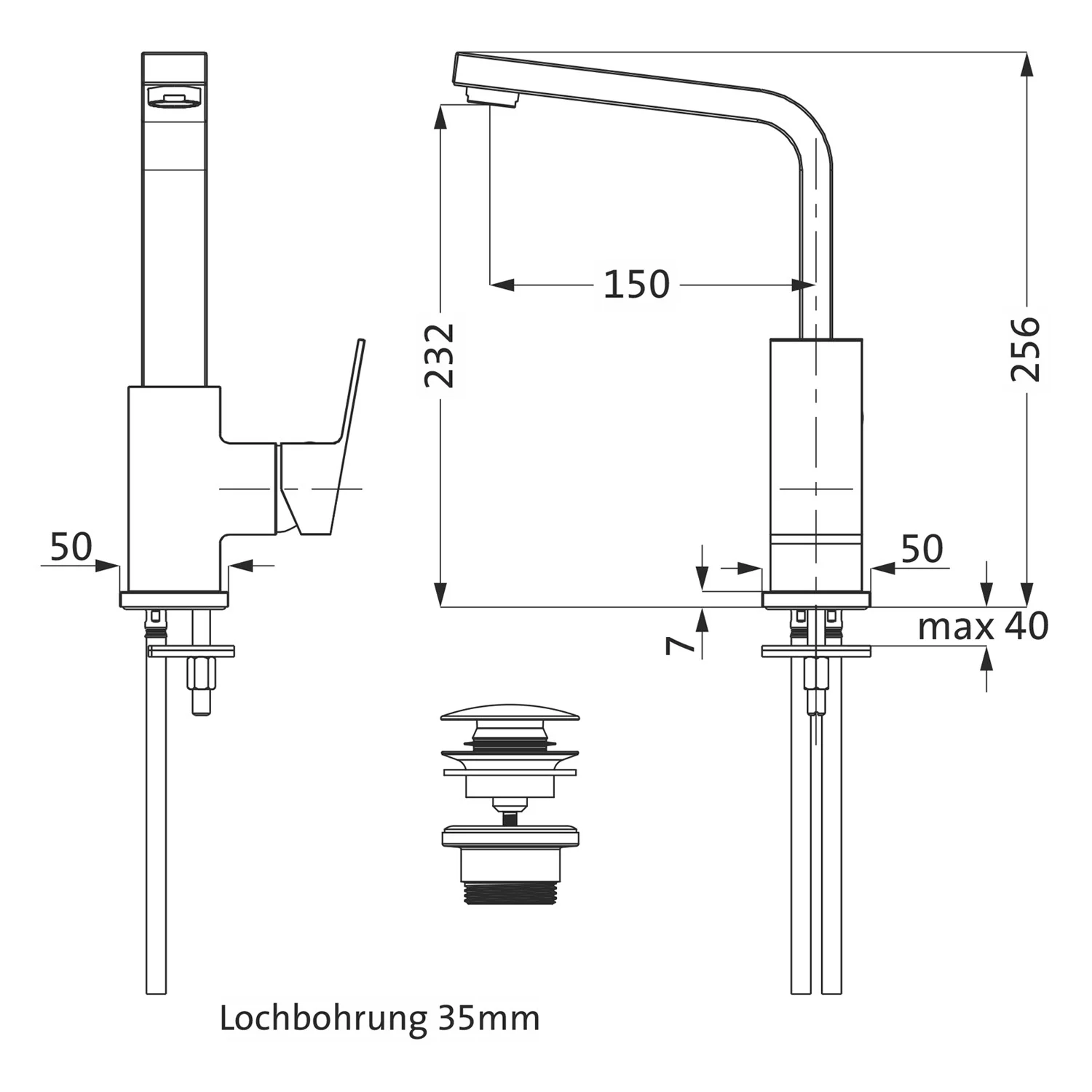 Rysunek techniczny baterii jednouchwytowej z wymiarami, Herzbach