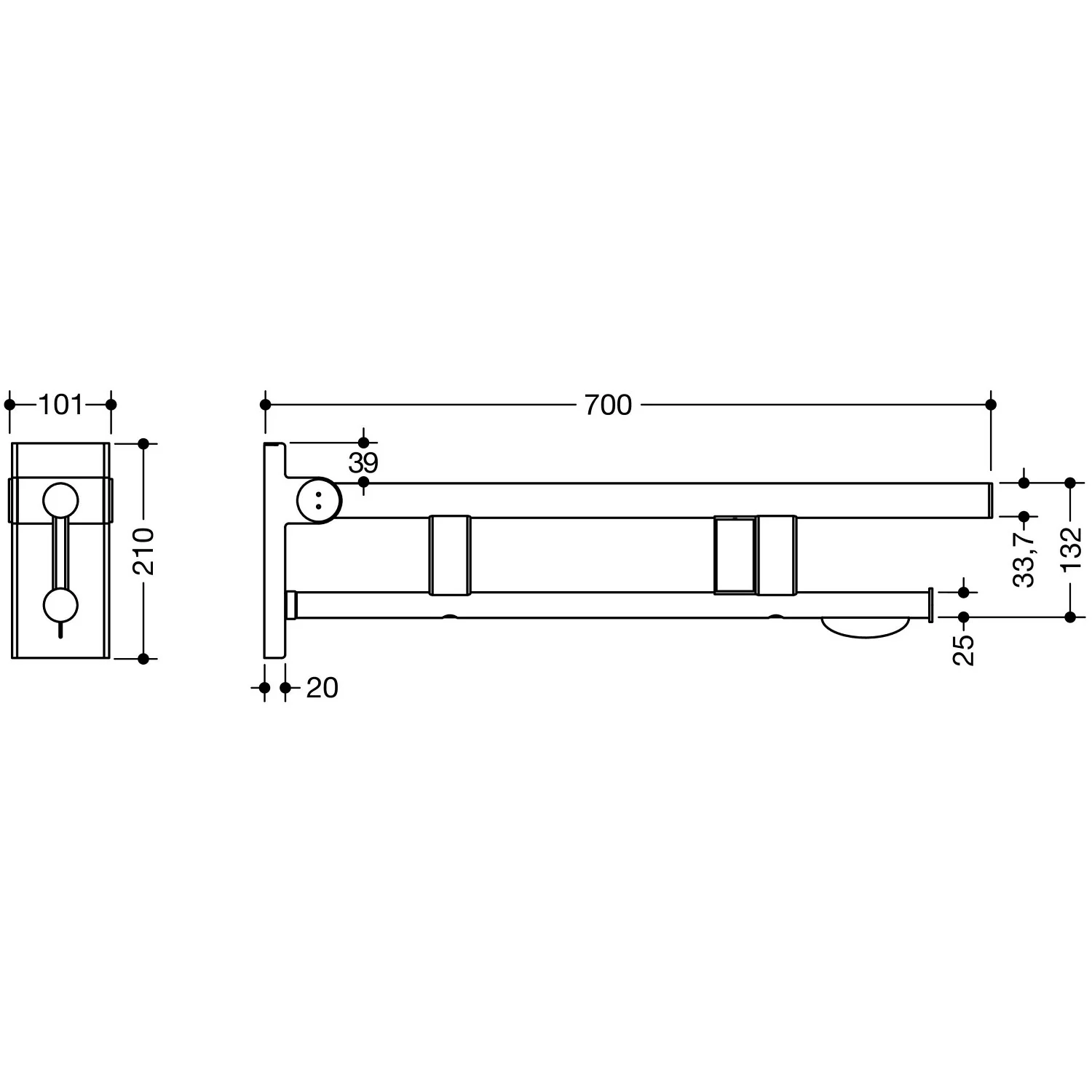 HEWI System 900 Stützklappgriff Duo Design A mit WC-Papierhalter und Spülauslösung (Funk), re. 70 cm Bild 2