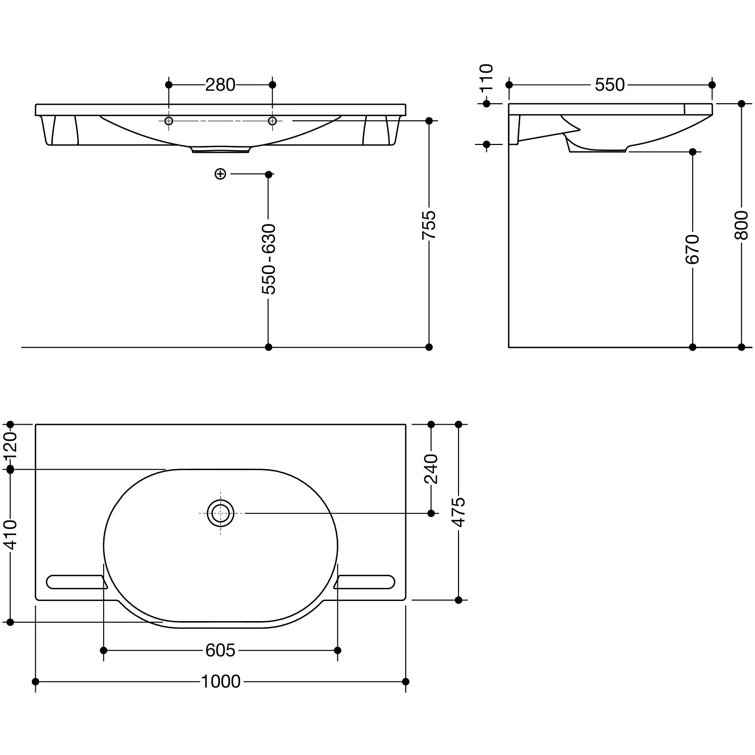 Rysunek techniczny umywalki 100 cm, Hewi