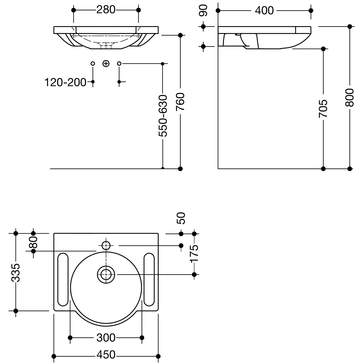 Rysunek techniczny umywalki 45 cm, Hewi