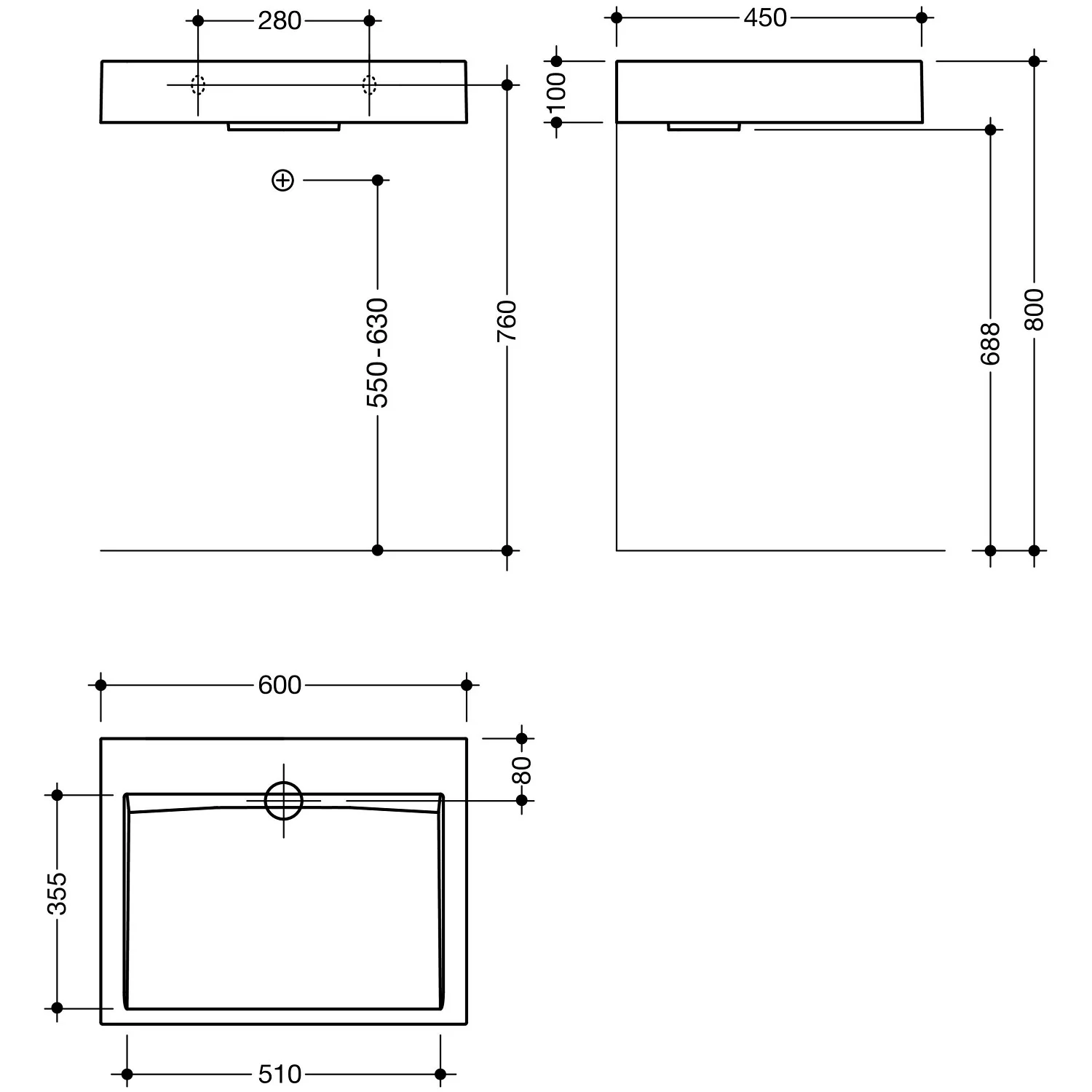 Rysunek techniczny umywalki 60 cm, Hewi