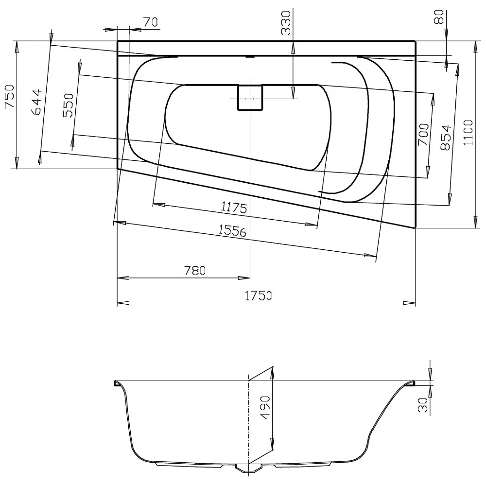 Hoesch Thasos Trapezbadewanne 175 x 110 cm rechte Ausführung Ablaufabdeckung weiß Bild 3