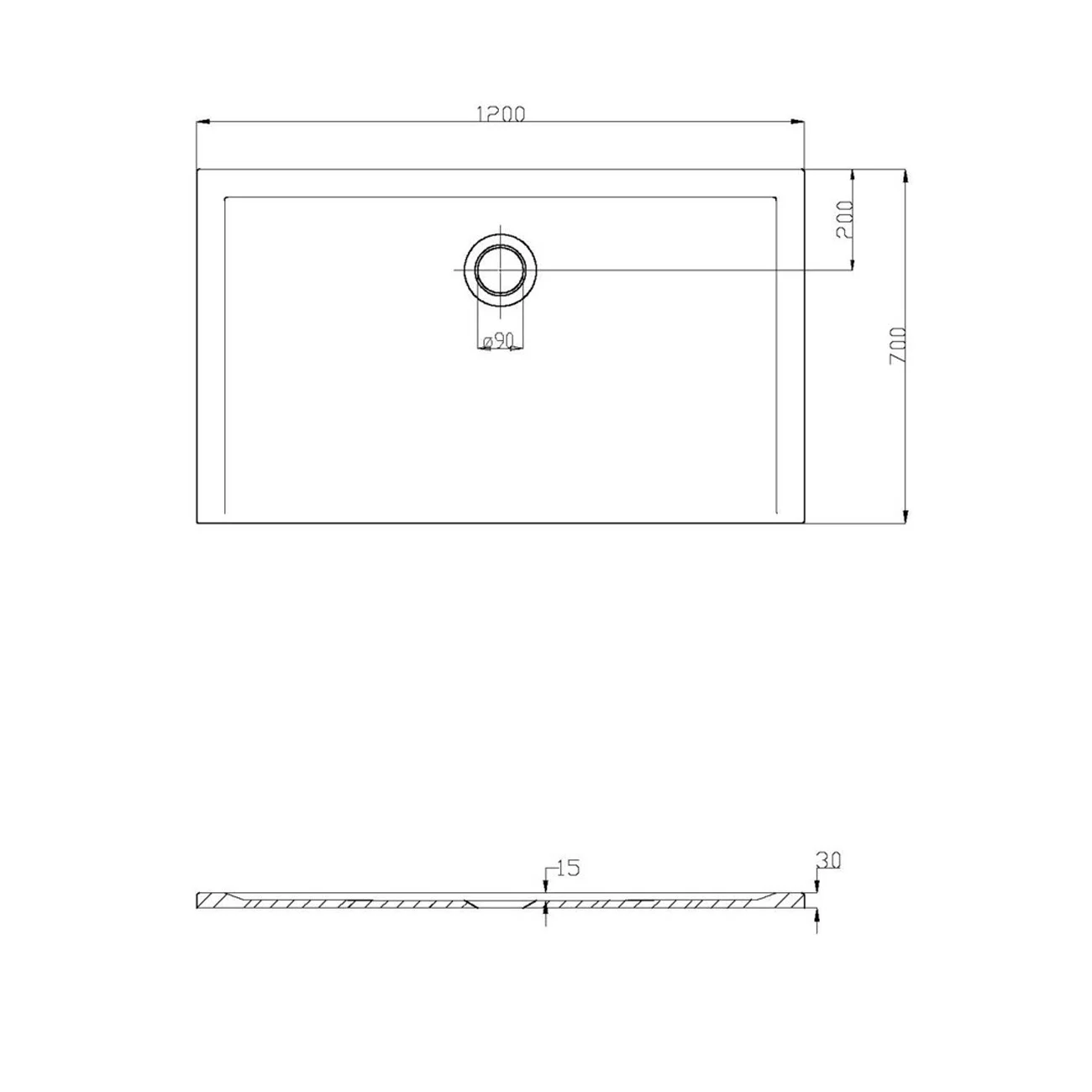 Rysunek techniczny brodzika 120x70 cm, Hoesch