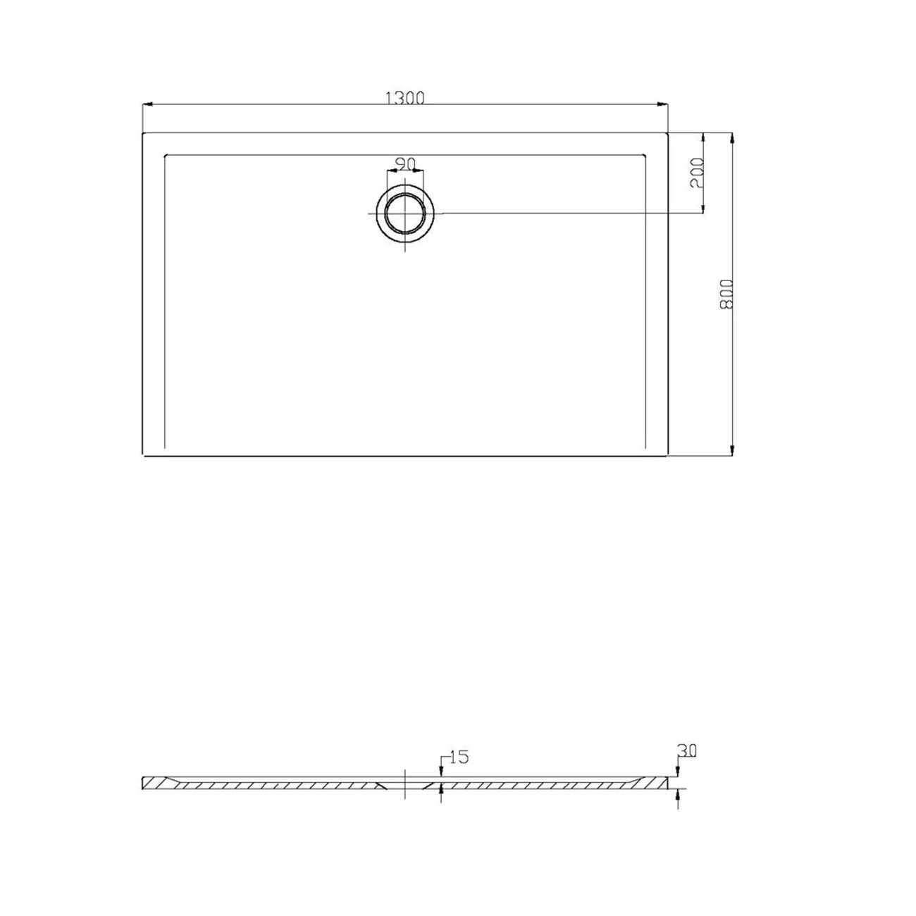 Rysunek techniczny brodzika 130x80 cm, Hoesch