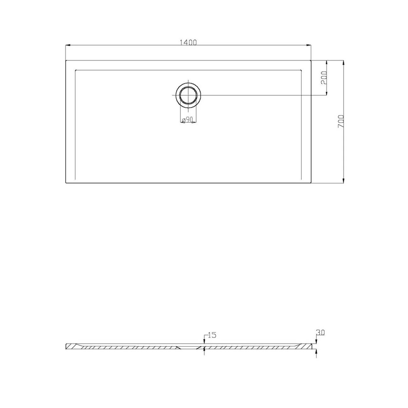 Rysunek techniczny brodzika 140x70 cm, Hoesch