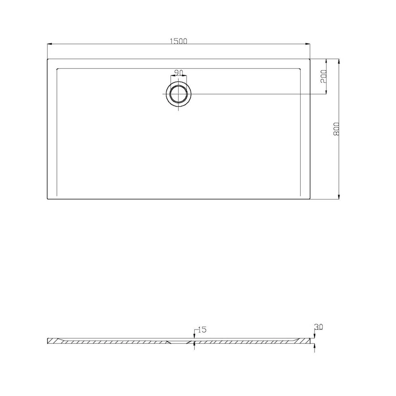 Rysunek techniczny brodzika 150x80 cm, Hoesch