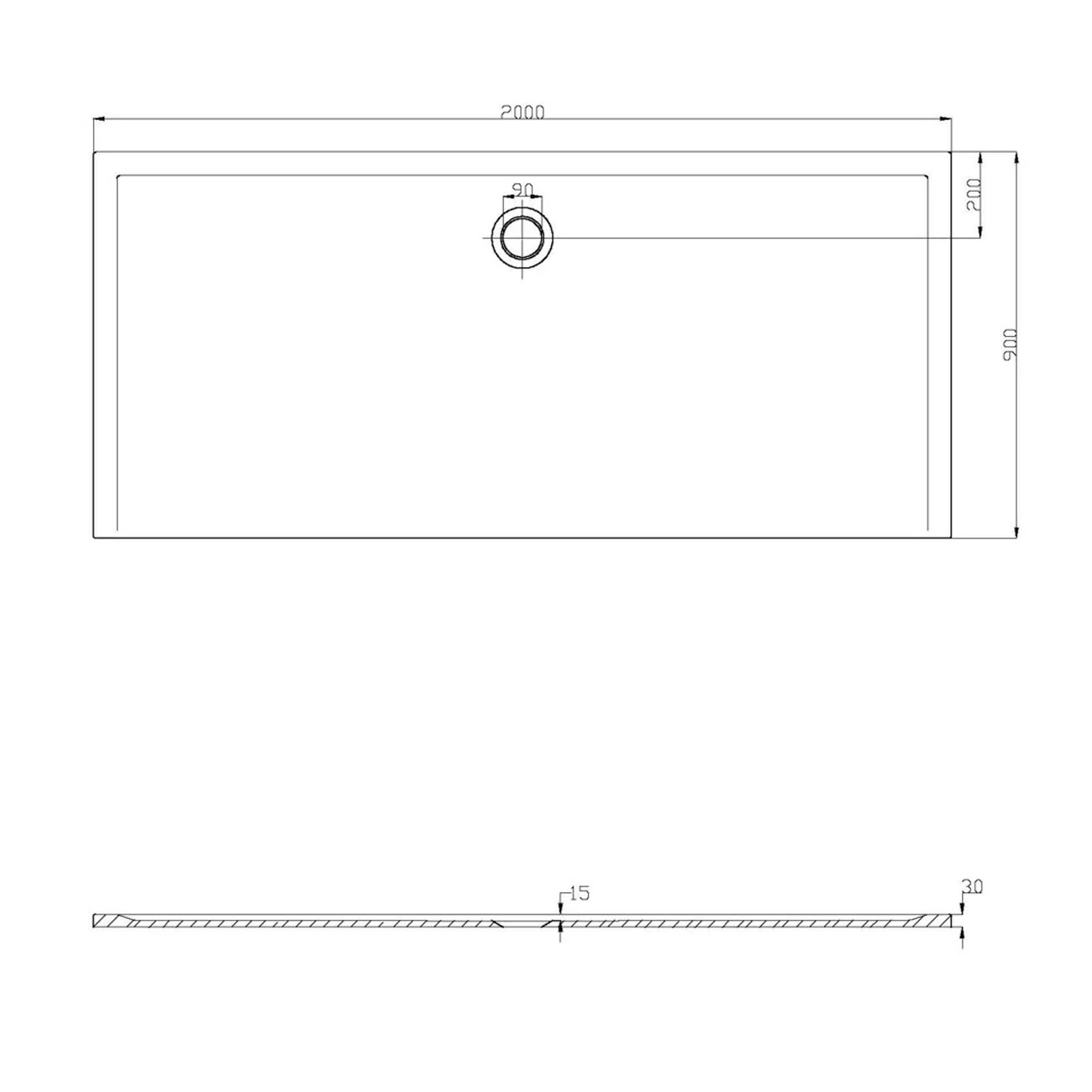 Rysunek techniczny prostokątnej brodzika 200x90 cm, Hoesch