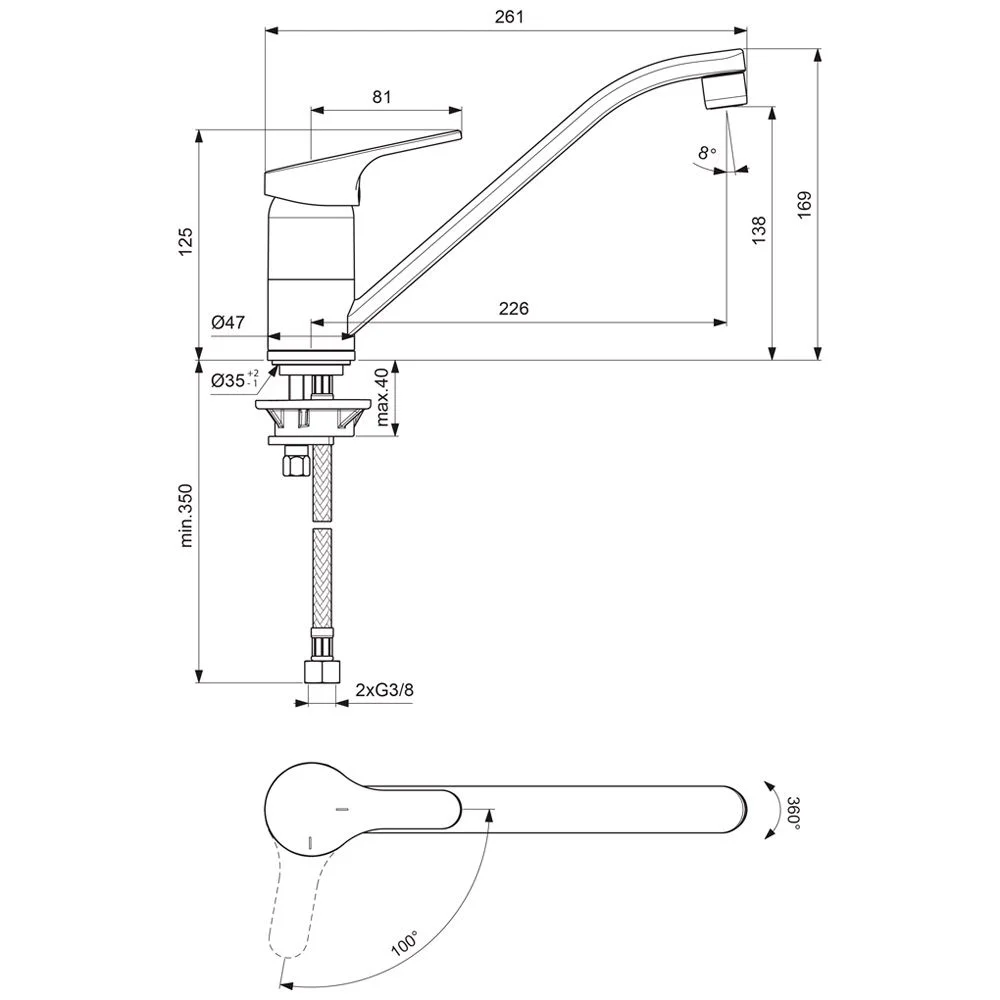 Rysunek techniczny baterii kuchennej z wymiarami, Ideal Standard