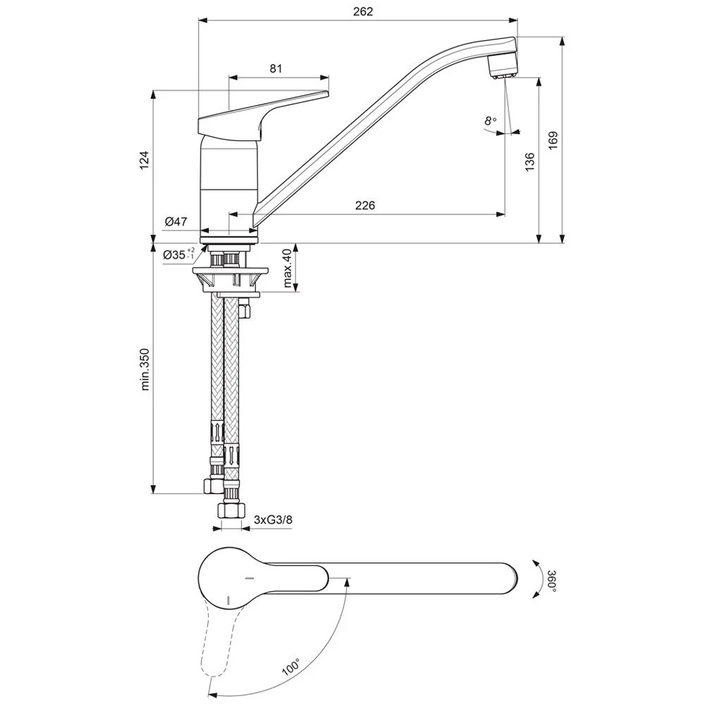 Rysunek techniczny baterii kuchennej z wymiarami, Ideal Standard