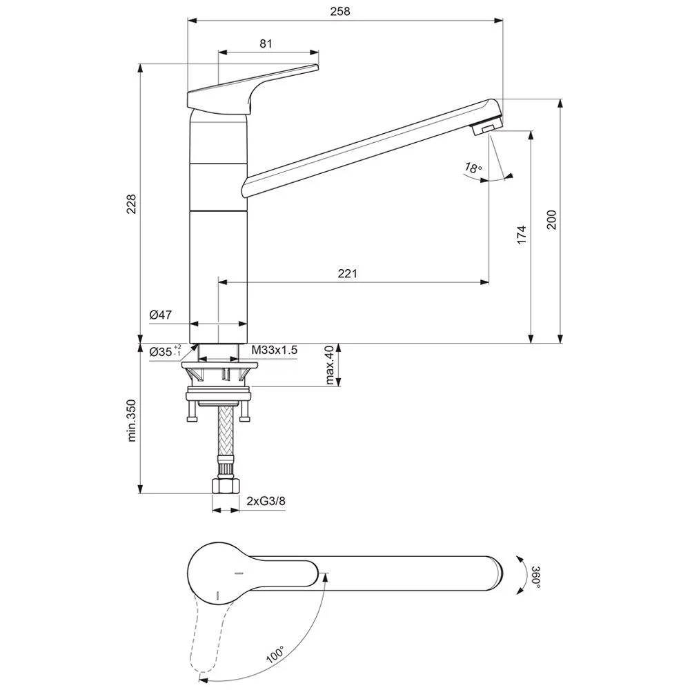 Rysunek techniczny baterii kuchennej z wymiarami, Ideal Standard