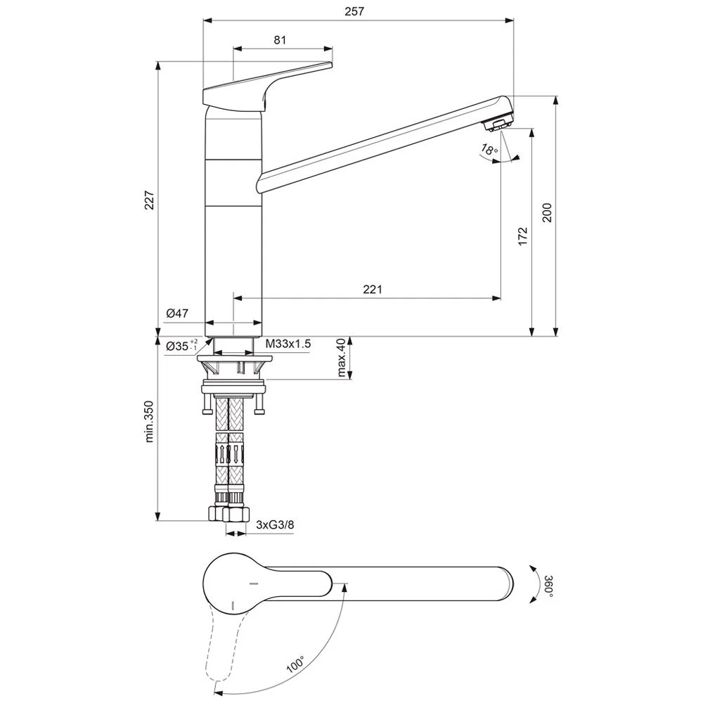 Rysunek techniczny baterii kuchennej z wymiarami, Ideal Standard