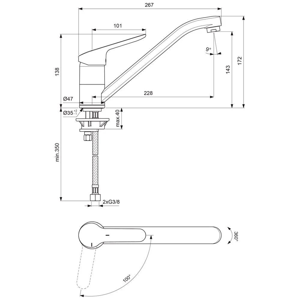 Rysunek techniczny baterii kuchennej z wymiarami, Ideal Standard