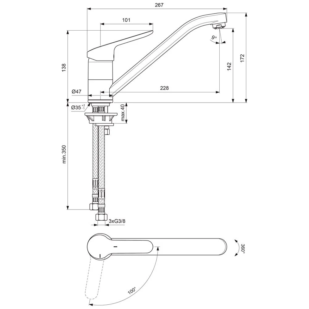 Rysunek techniczny baterii kuchennej z wymiarami, Ideal Standard