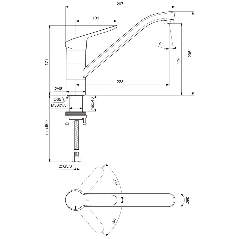Rysunek techniczny baterii kuchennej z wymiarami, Ideal Standard