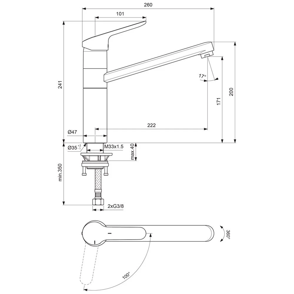 Rysunek techniczny baterii kuchennej z wymiarami, Ideal Standard