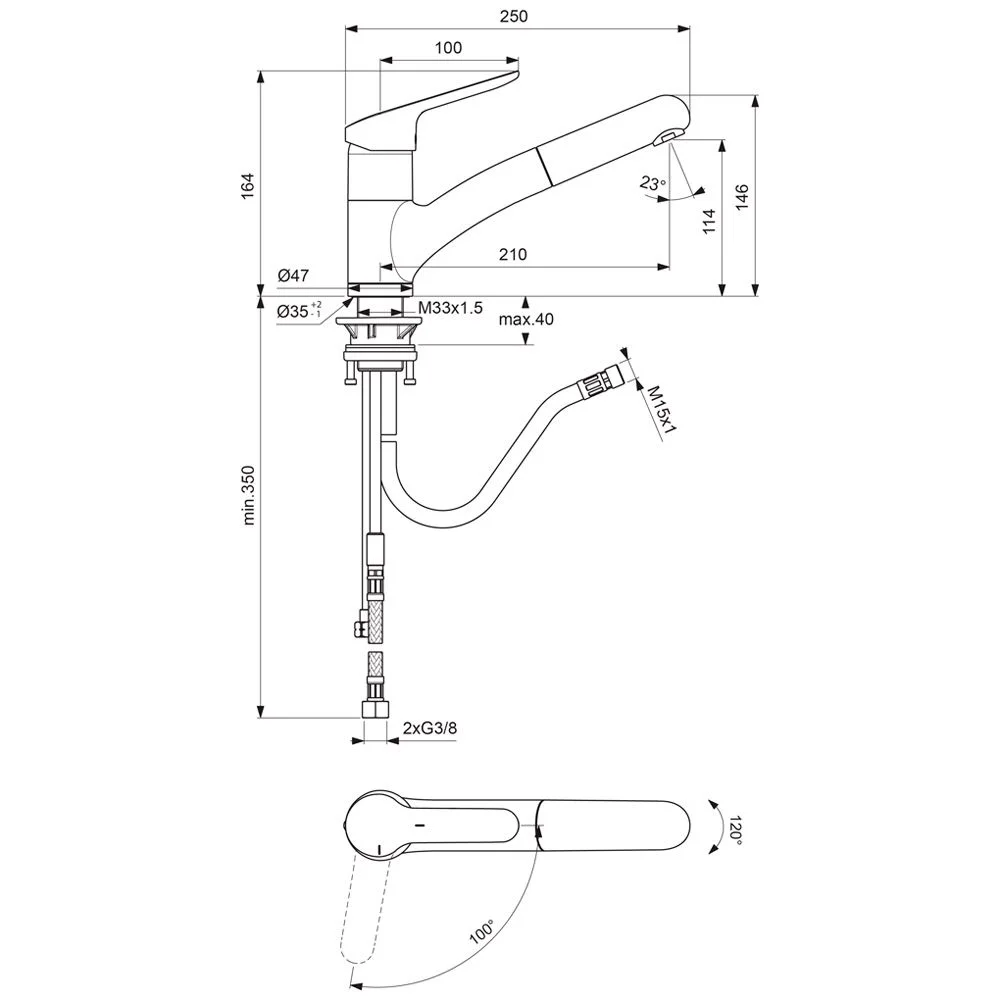 Rysunek techniczny baterii kuchennej z wymiarami, Ideal Standard