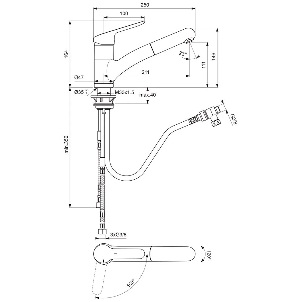 Rysunek techniczny baterii kuchennej z wymiarami, Ideal Standard
