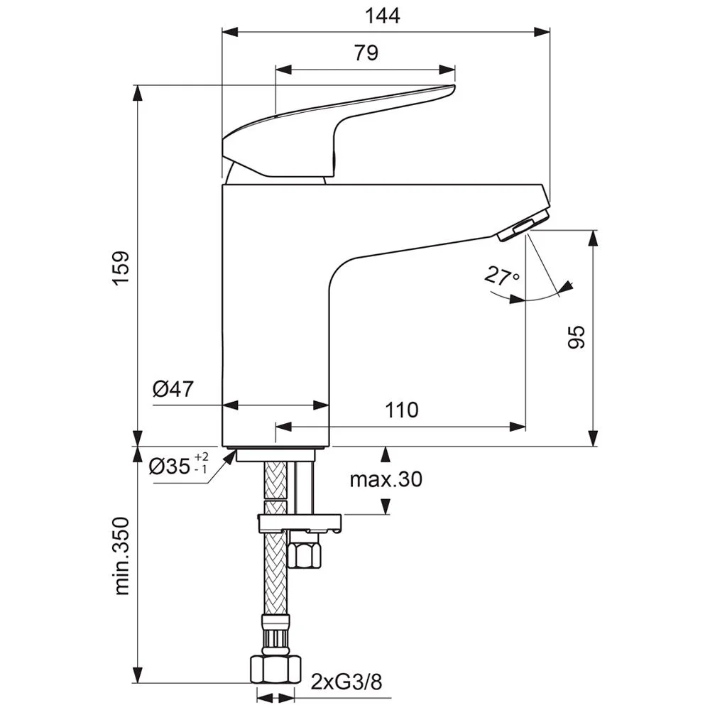 Rysunek techniczny baterii umywalkowej z wymiarami, Ideal Standard