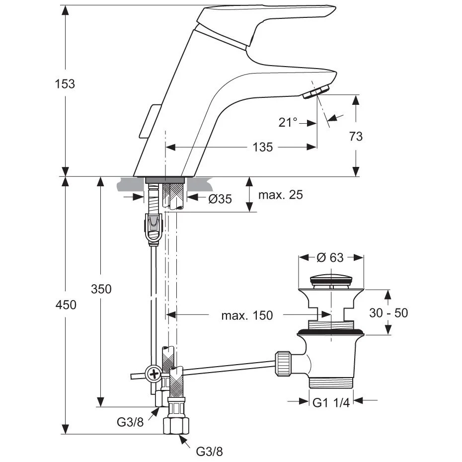 Rysunek techniczny baterii z odpływem, Ideal Standard