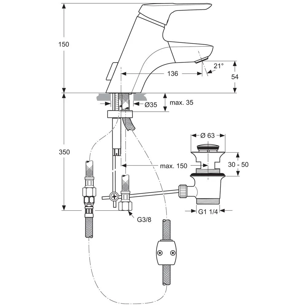Rysunek techniczny baterii z wymiarami, Ideal Standard