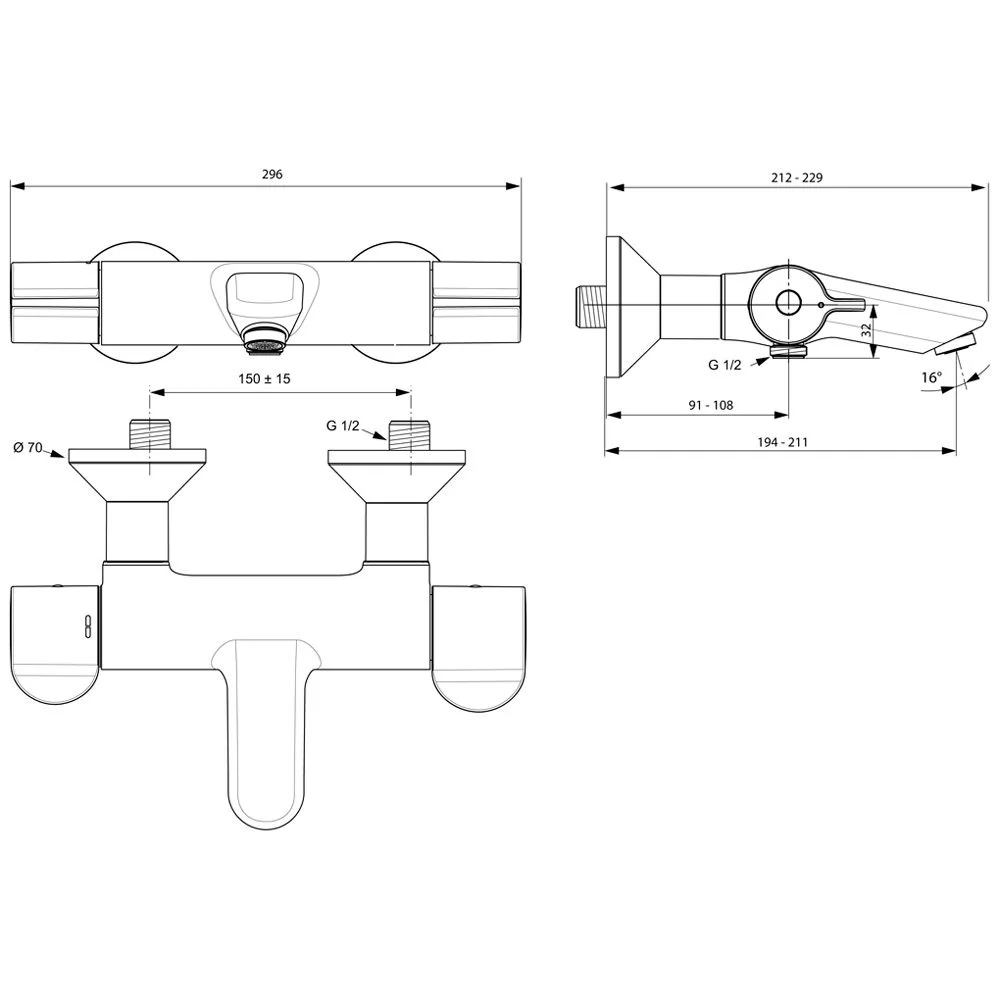 Rysunek techniczny baterii z wymiarami, Ideal Standard