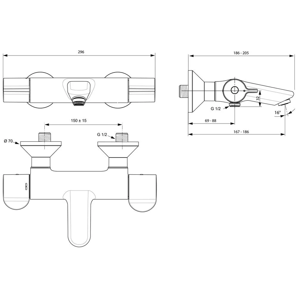 Rysunek techniczny baterii z wymiarami, Ideal Standard