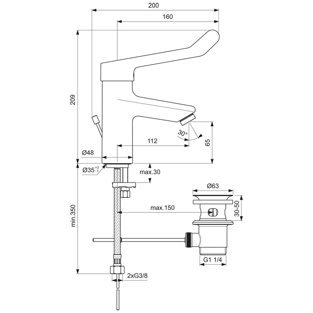 Rysunek techniczny baterii z wymiarami, Ideal Standard