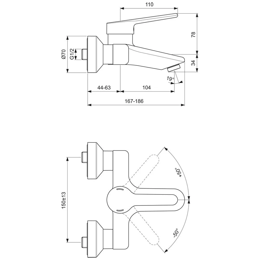 Rysunek techniczny baterii z wymiarami, Ideal Standard