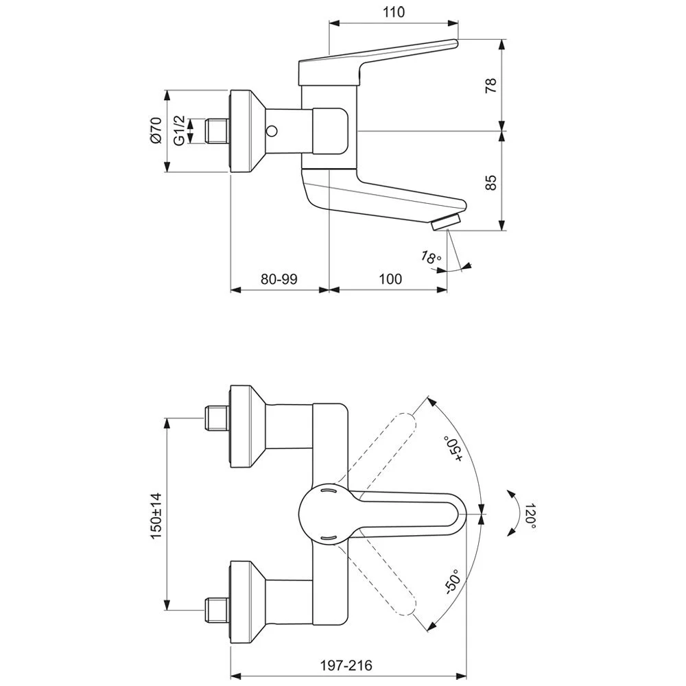 Rysunek techniczny baterii z wymiarami, Ideal Standard