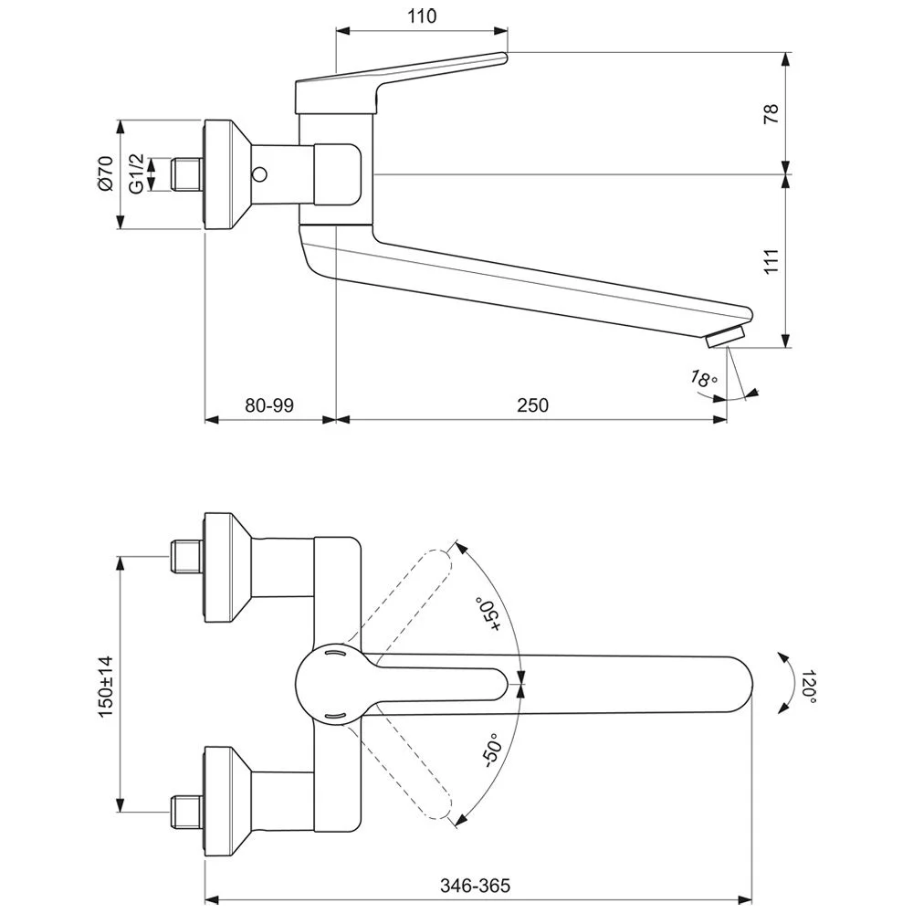 Rysunek techniczny baterii z wymiarami, Ideal Standard