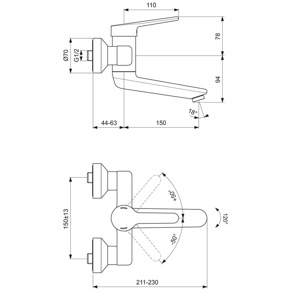 Rysunek techniczny baterii z wymiarami, Ideal Standard