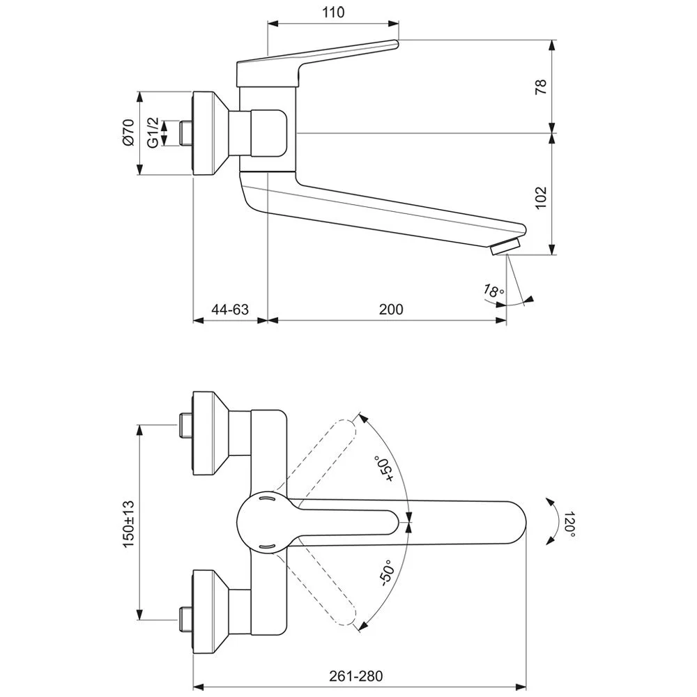 Rysunek techniczny baterii z wymiarami, Ideal Standard