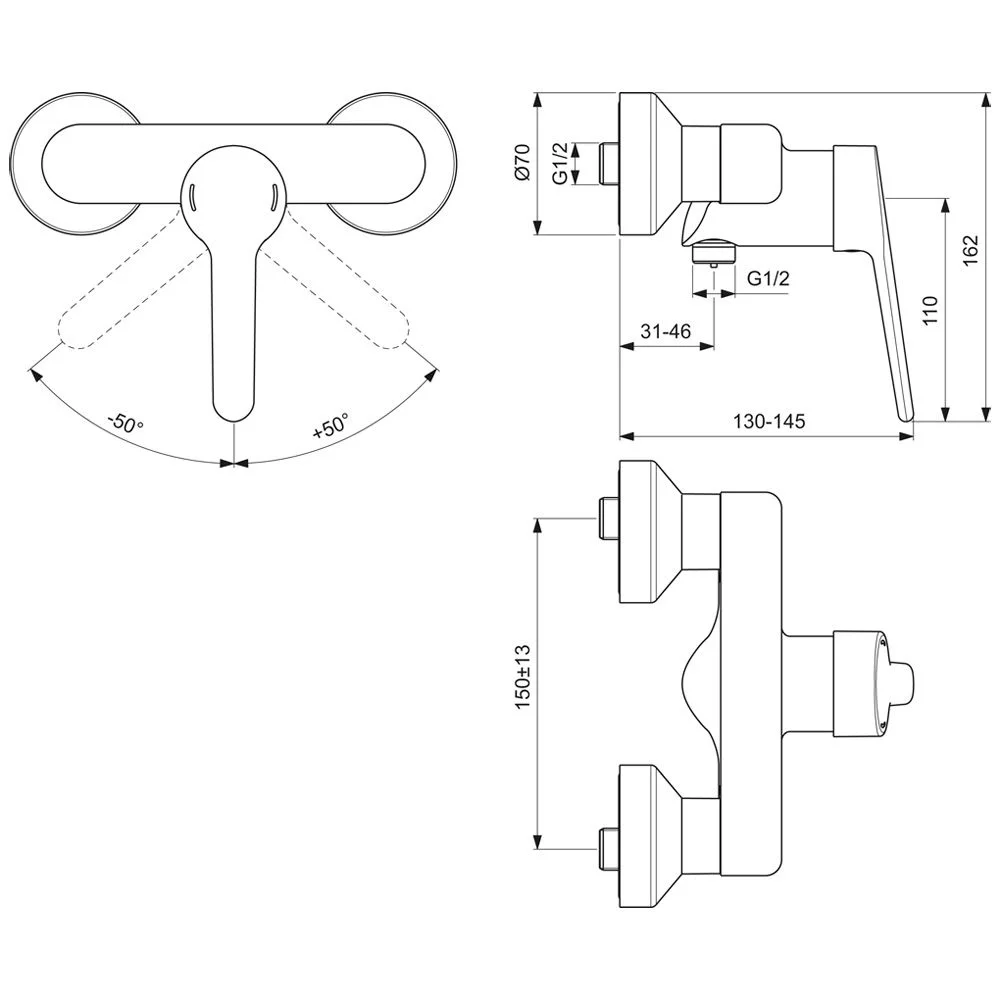 Rysunek techniczny baterii z wymiarami, Ideal Standard