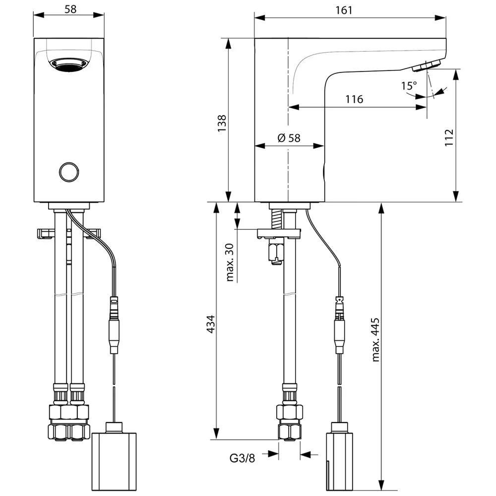 Rysunek techniczny baterii elektronicznej z wymiarami, Ideal Standard